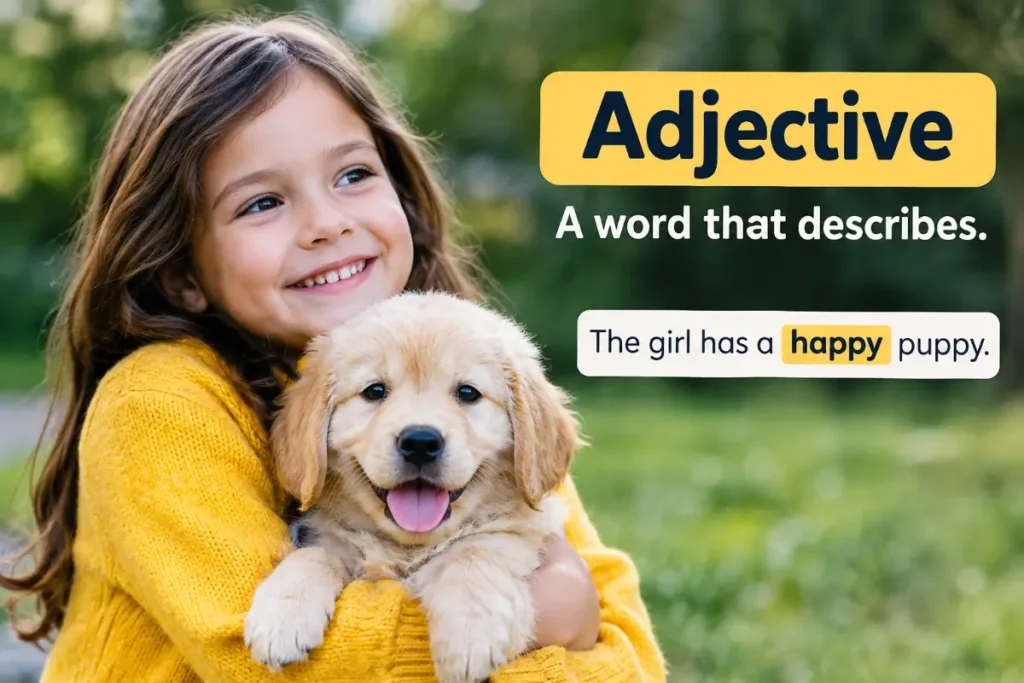 Parts of Speech: A girl holding a happy puppy, illustrating adjectives.