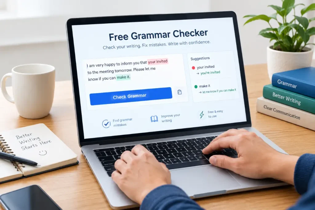 Free Grammar Checker correcting writing errors on a laptop screen