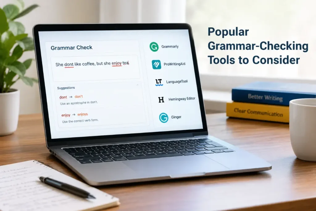 Free Grammar Checker tools displayed on a laptop in a modern workspace.